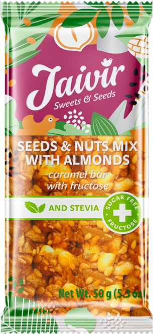 «SEEDS AND NUTS MIX WITH ALMONDS» CARAMEL BAR WITH FRUCTOSE AND STEVIA